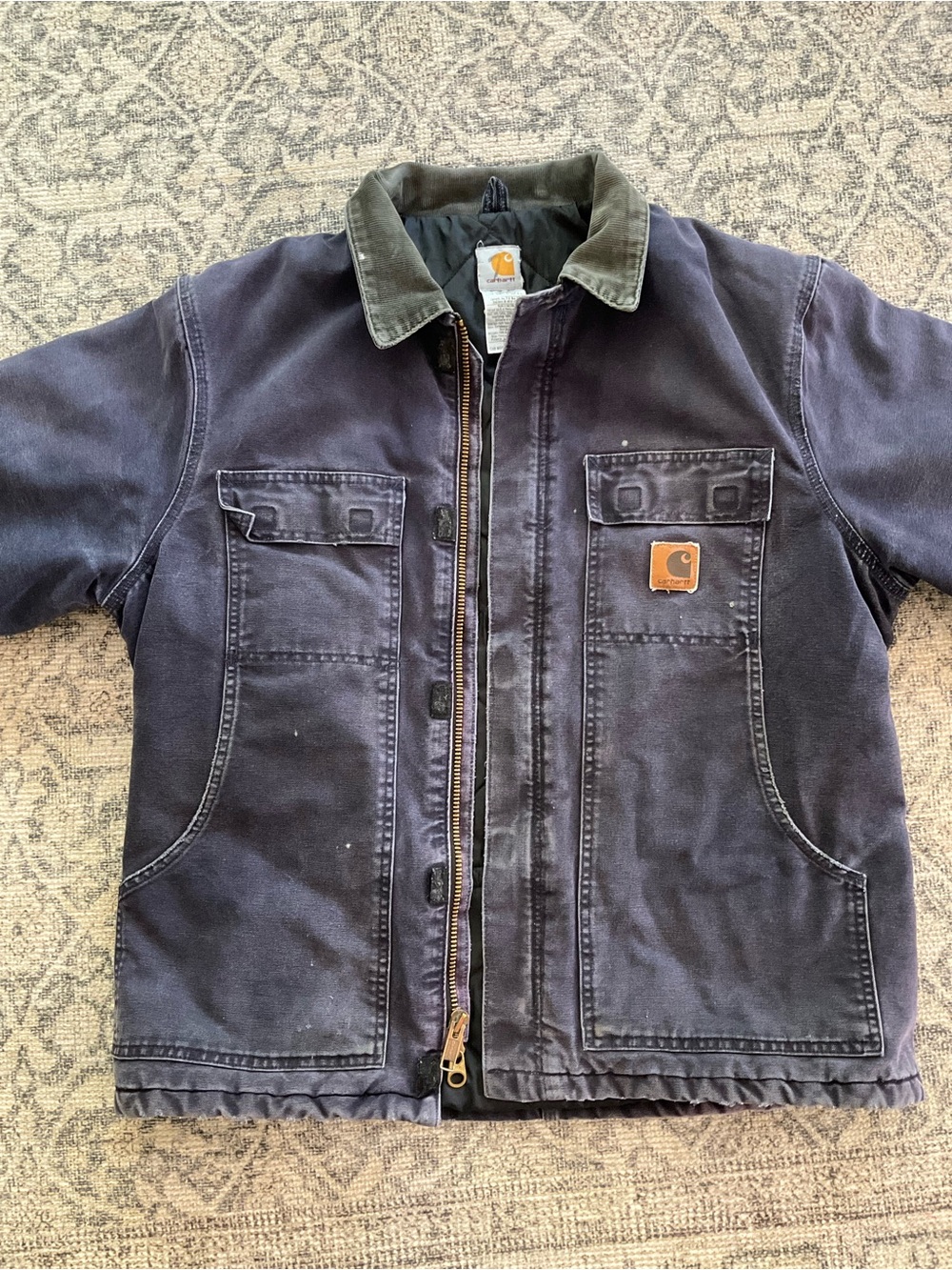 Vintage Carhartt Distressed Chore Jacket Navy Blue Mens Size L C26 MDT - Picture 3 of 16